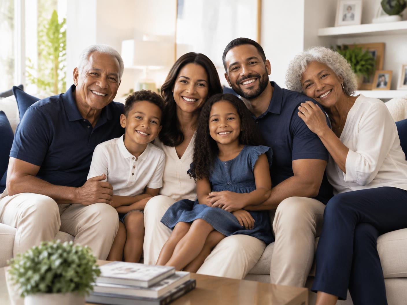 Família brasileira com avós, pais e filhos sorrindo juntos no sofá
